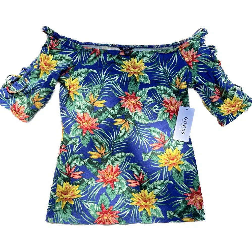 New Guess 🌸 Floral woman’s Shoulder off Top blue, green and orange, Size Small - Picture 1 of 6